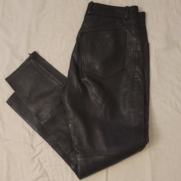 GUESS REAL LEATHER JEANS Y2K Zip Ankle Triangle Pants Black MOTO - Picture 7 of 15